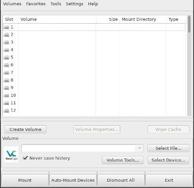 Окно VeraCrypt с кнопкой создания тома