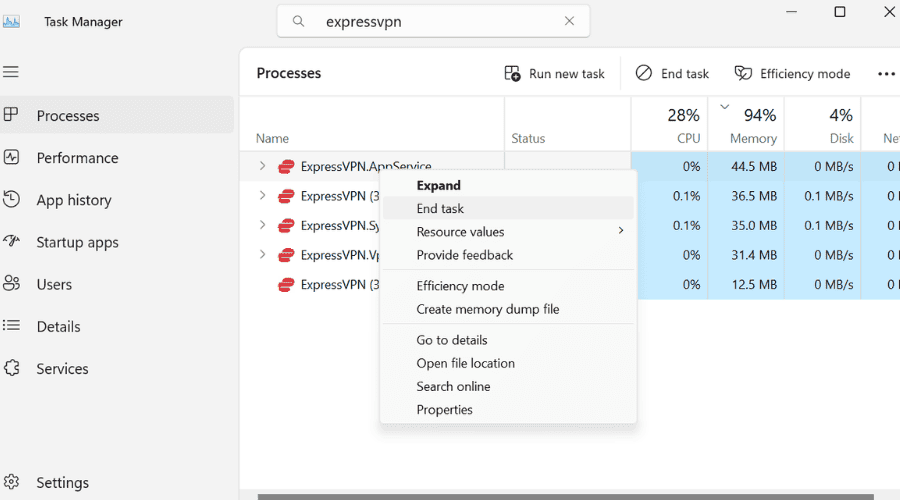 ending expressvpn task in task manager
