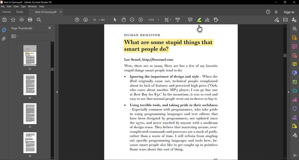 Выделение текста в Adobe Reader