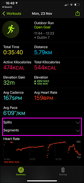 просмотр разделов в приложении Фитнес на iPhone
