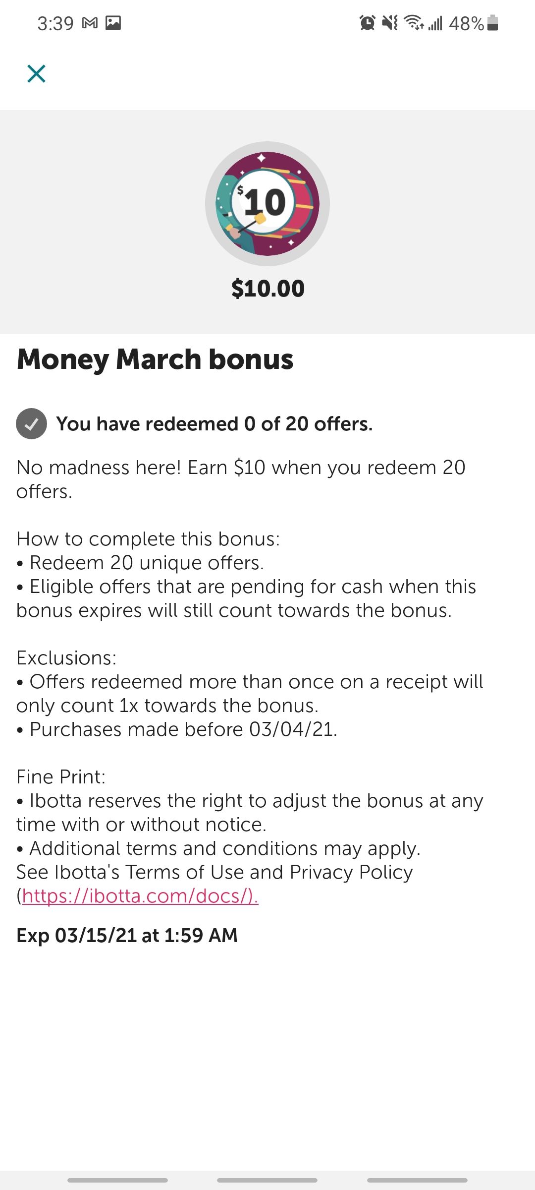 ibotta app march ten dollar cash back bonus offer