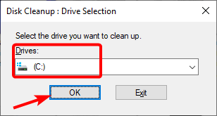 Выбор диска для очистки и кнопка ОК