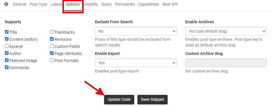 Опции Post Type в GenerateWP