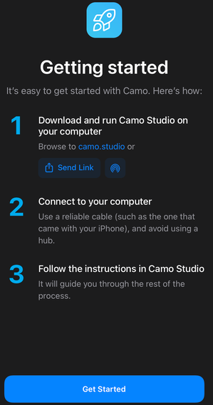 Camo: экран 'Get Started' на iPhone