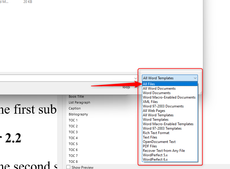 Окно Открыть файл со списком типов файлов; выбран вариант 'Все файлы'