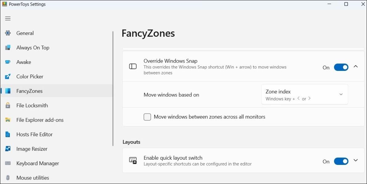Параметр Override Windows Snap в PowerToys для замены системного поведения