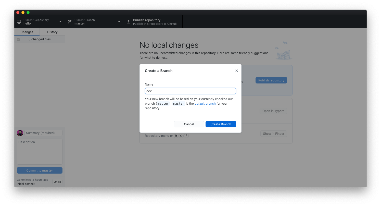 Скриншот GitHub Desktop: подтверждение имени ветки
