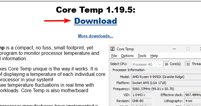 Скриншот страницы загрузки Core Temp с кнопкой Download