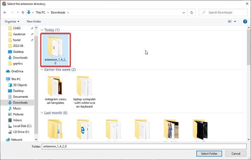 Выберите распакованную папку расширения