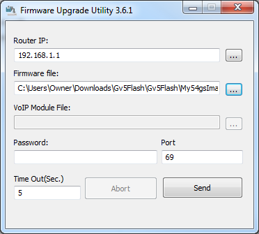 Firmware Upgrade Utility — выбор файла и отправка через TFTP