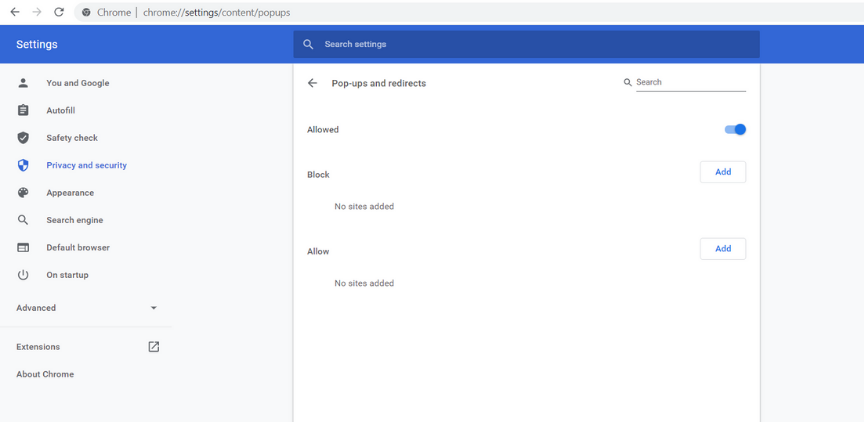 Переключатель разрешения всплывающих окон в Chrome