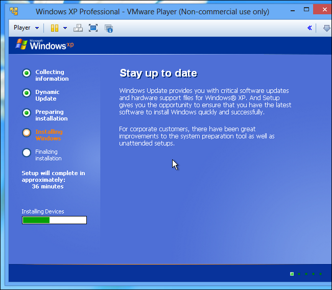 Процесс установки Windows XP в VMware Player