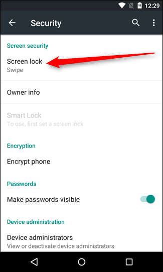Скриншот выбора типа блокировки экрана