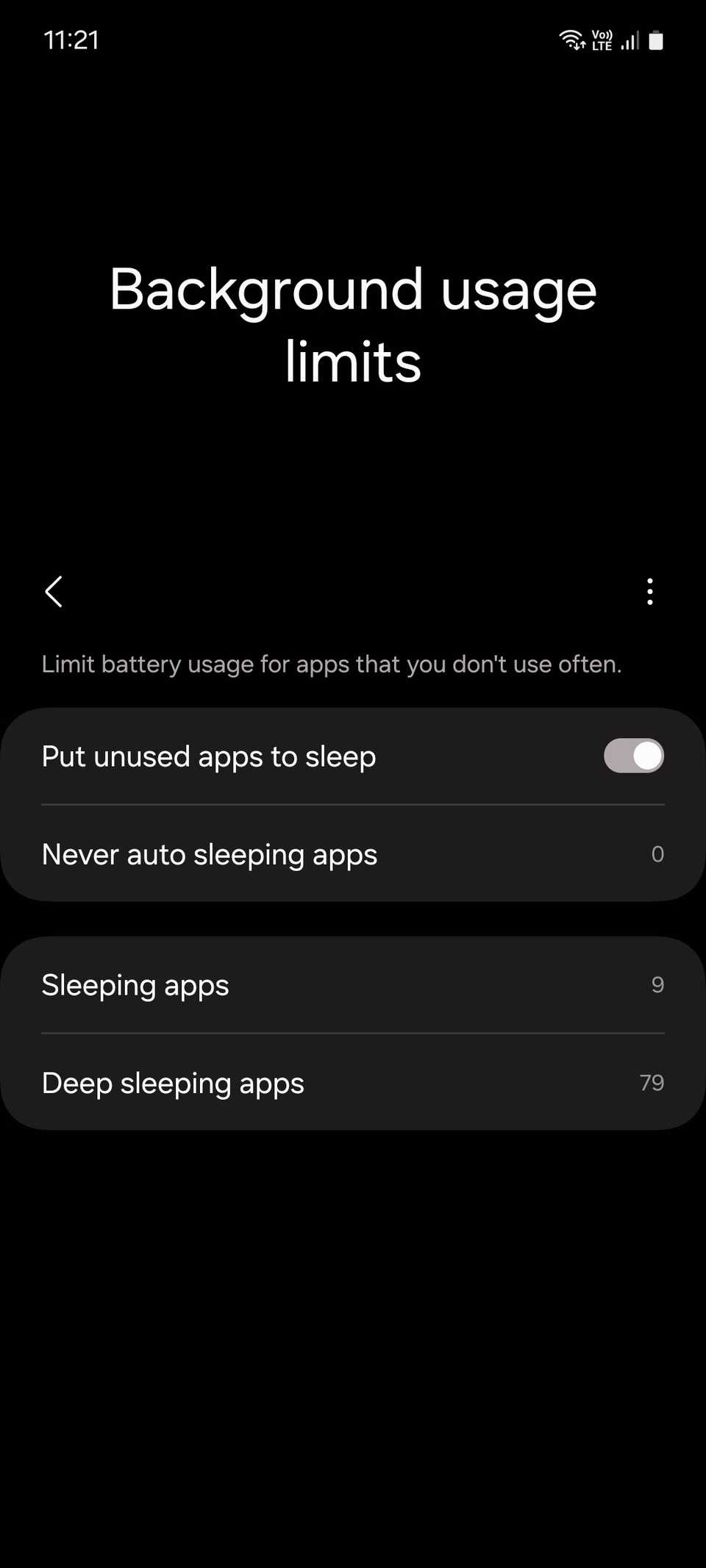 Samsung Background usage limits menu