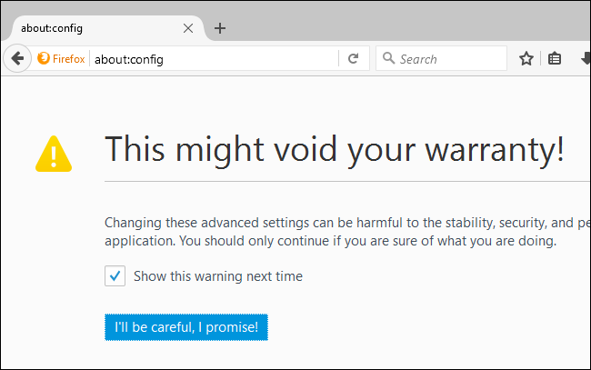 Предупреждение about:config в Firefox с предупреждающим текстом