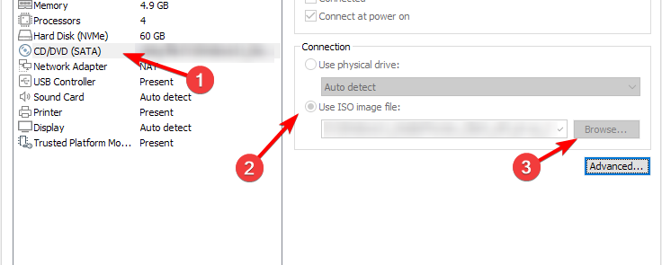 Выбор ISO образа macOS в настройках CD/DVD