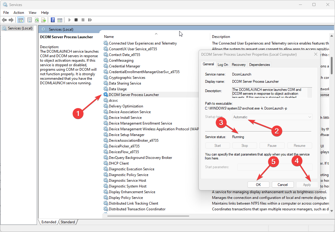 Свойства службы DCOM с настройками запуска