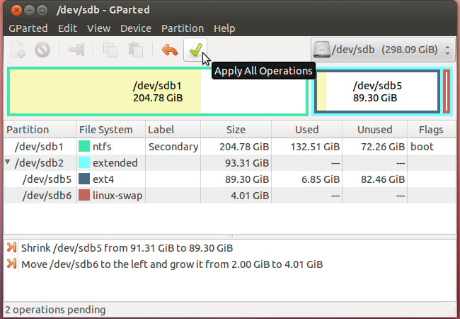 Кнопка Применить операции в GParted