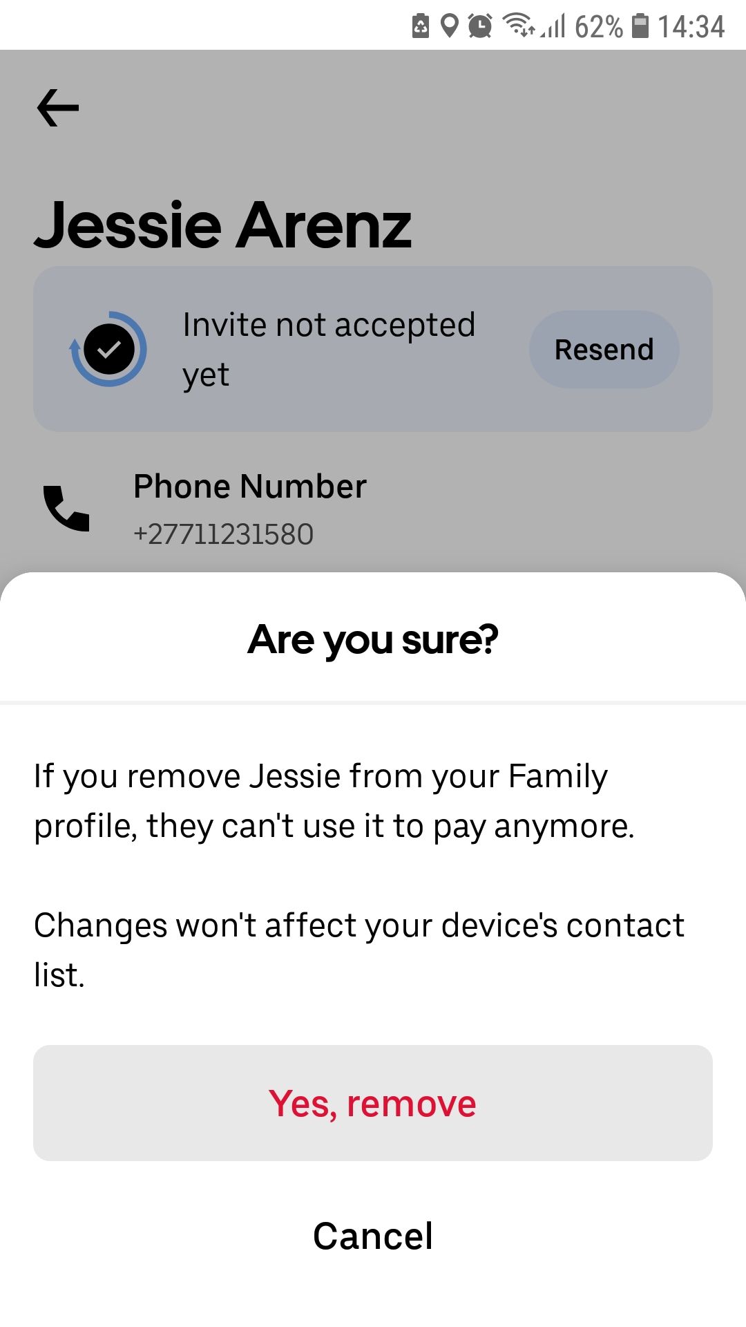 Экран приложения Uber — подтверждение удаления участника