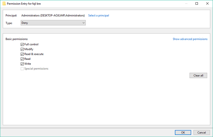 Диалог настроек безопасности Windows