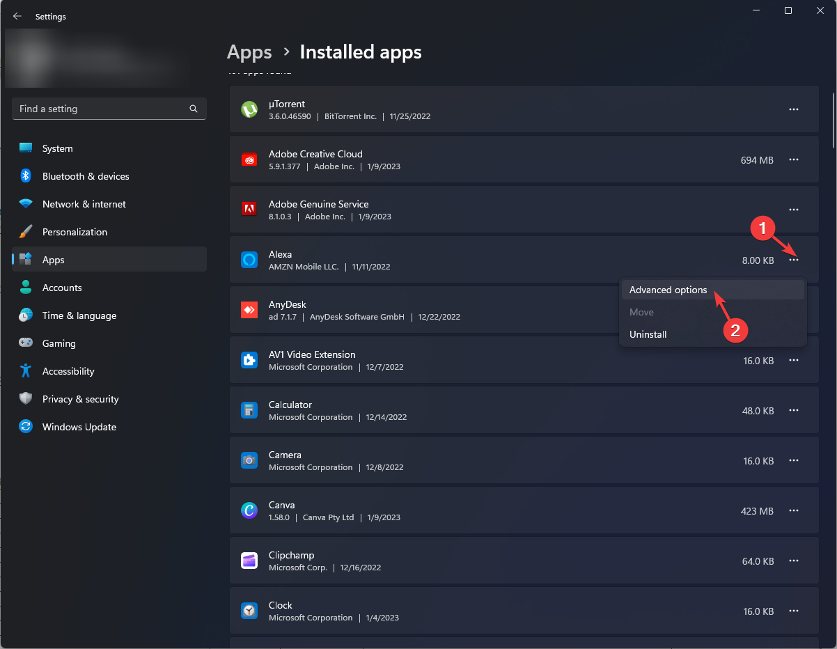 Кнопка Advanced options для выбранного приложения