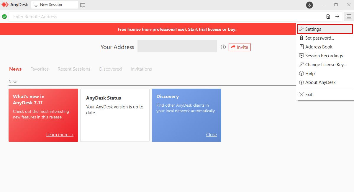 Окно AnyDesk с меню настроек