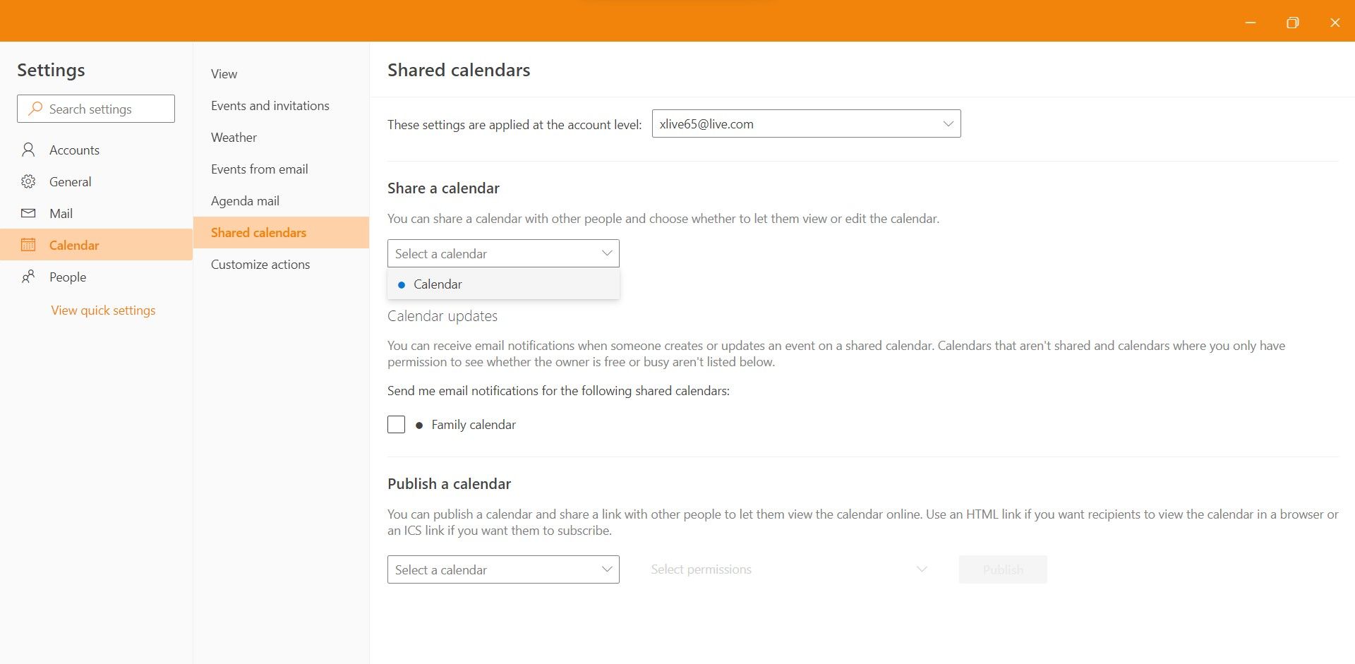 Процесс совместного доступа к календарю