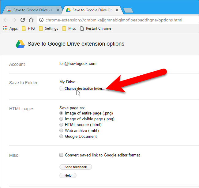 Раздел настроек расширения с кнопкой «Change destination folder»