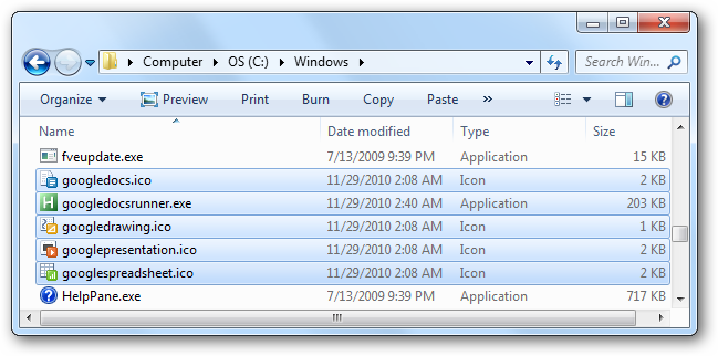 Содержимое папки Windows после копирования иконок и googledocsrunner.exe