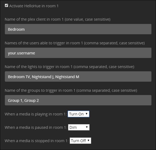 Настройка комнаты и действий
