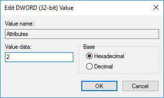 Изменение значения Attributes с 1 на 2 в редакторе реестра
