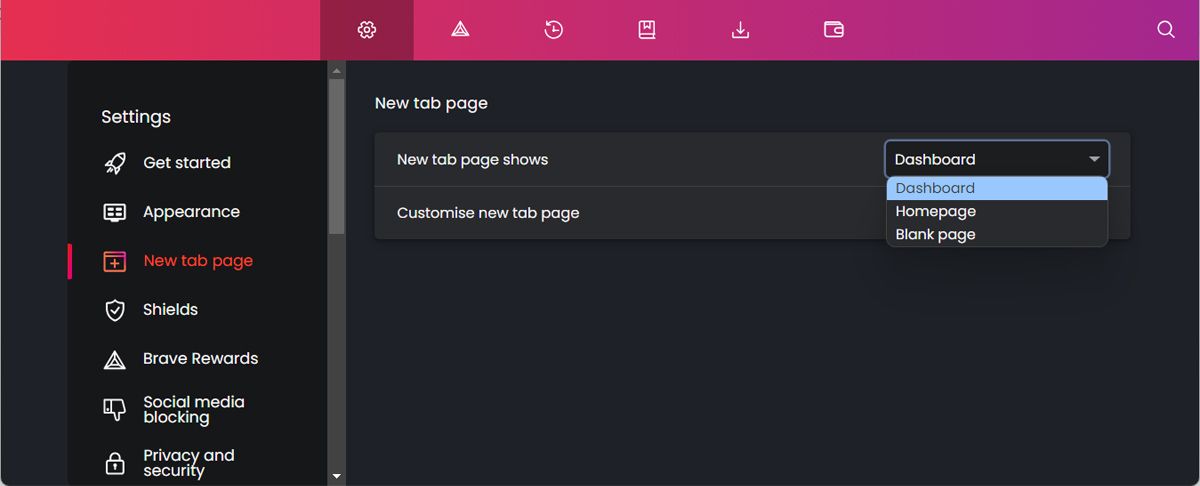 Параметры страницы новой вкладки в Brave на рабочем столе