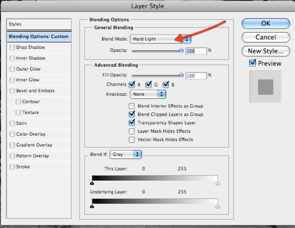 Выбор режима Hard Light