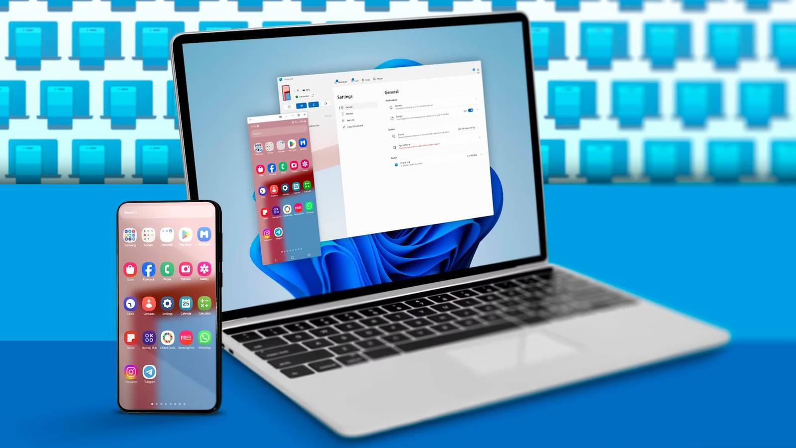 Телефон рядом с ноутбуком, экран зеркален, на фоне логотипы Phone Link.