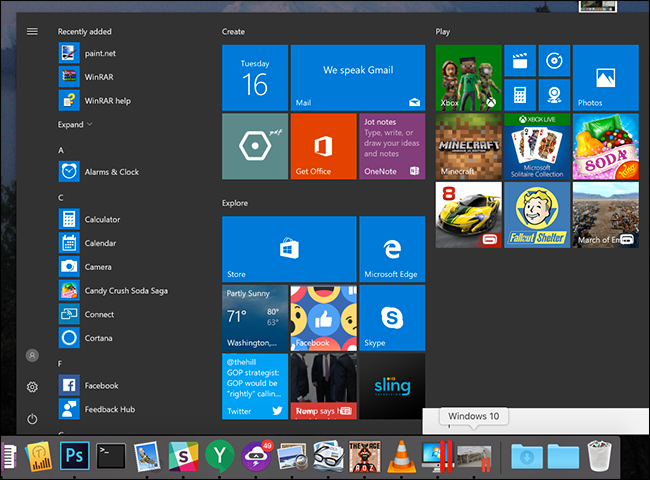 Полный меню Пуск Windows над доком macOS