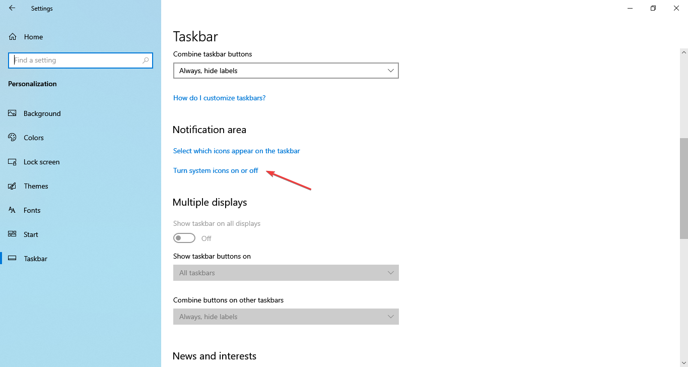 Параметры области уведомлений — включение системных значков