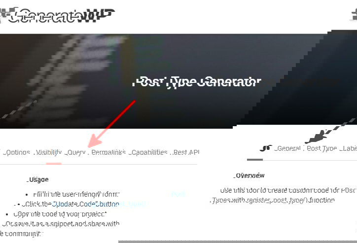 Интерфейс генератора Post Type на GenerateWP