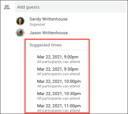 Нажмите Suggested Times для списка доступного времени
