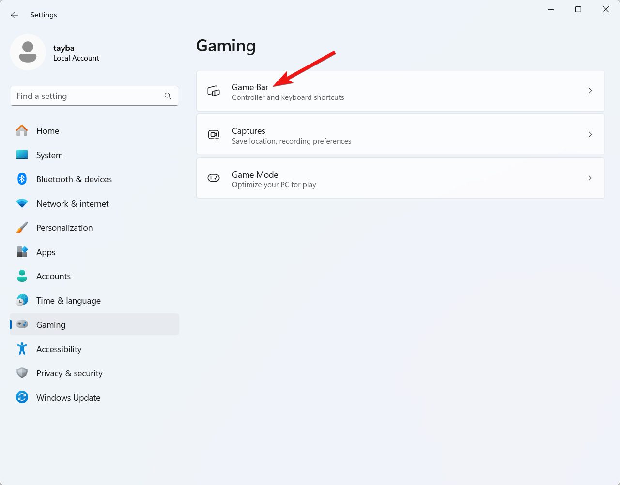 Choose Game Bar from the right section