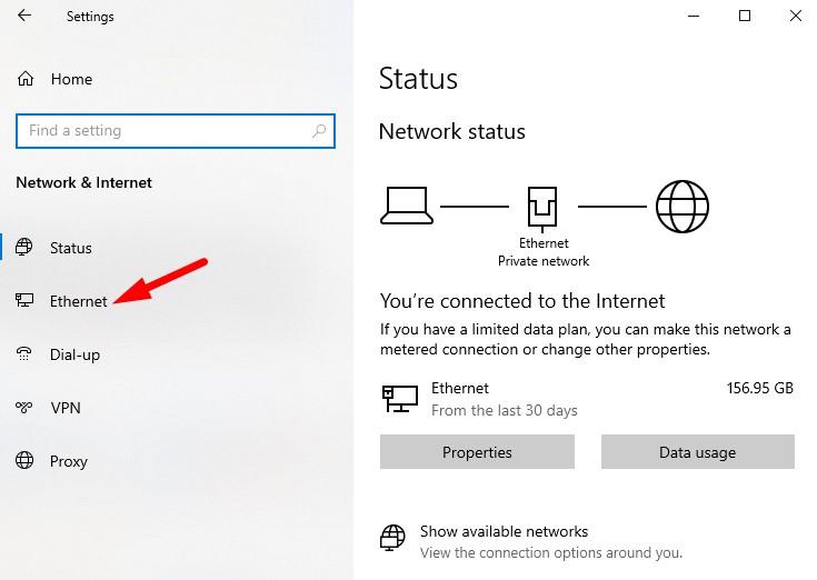 Раздел Ethernet в настройках сети