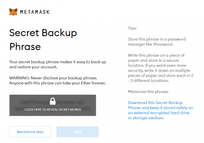 Окно с секретной фразой (Secret Backup Phrase) — подсказка скрыта.