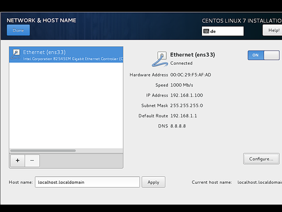 Включение сетевого интерфейса в установщике CentOS.