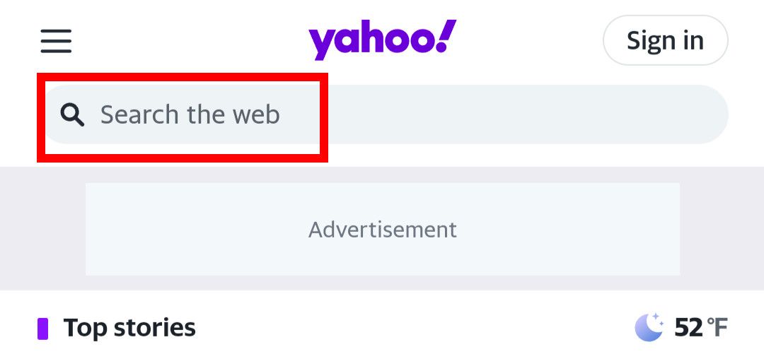 Поле поиска Yahoo на мобильной странице отмечено красным прямоугольником