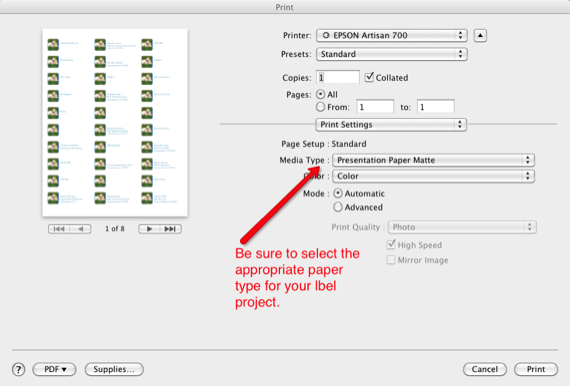 Подготовка к печати и выбор носителя в диалоге принтера
