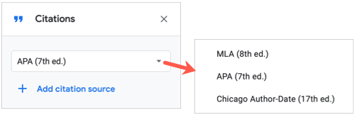 Окно выбора формата цитирования: MLA, APA, Chicago