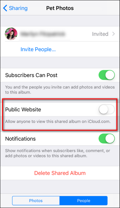 Переключатель «Публичный веб‑сайт» в настройках общего альбома