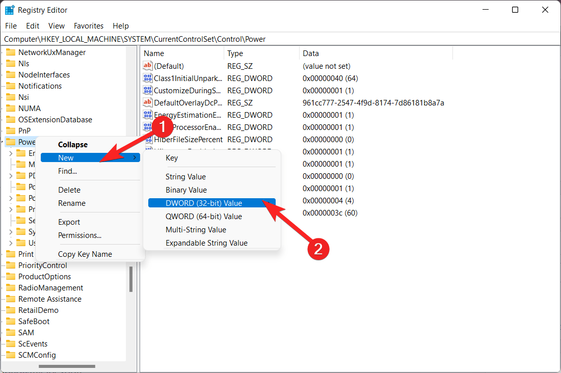 Captura que muestra cómo crear un nuevo valor DWORD en el Registro