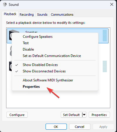 Выбор свойств устройства воспроизведения