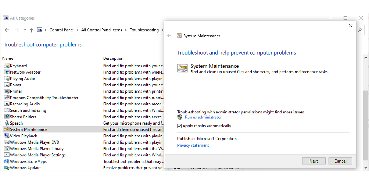 System Maintenanc troubleshooter.