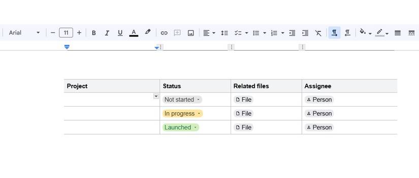 Документ управления проектом в Google Docs с умными чипами